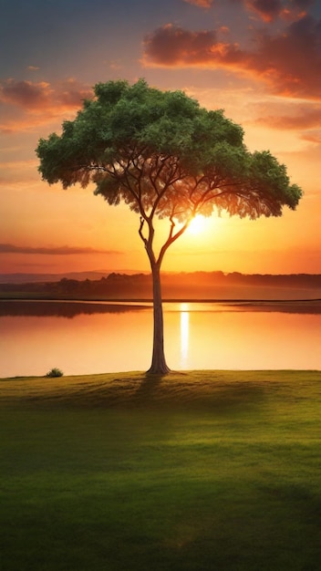 Un albero fresco al tramonto