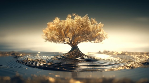 Un albero galleggia in una pozza di liquido.