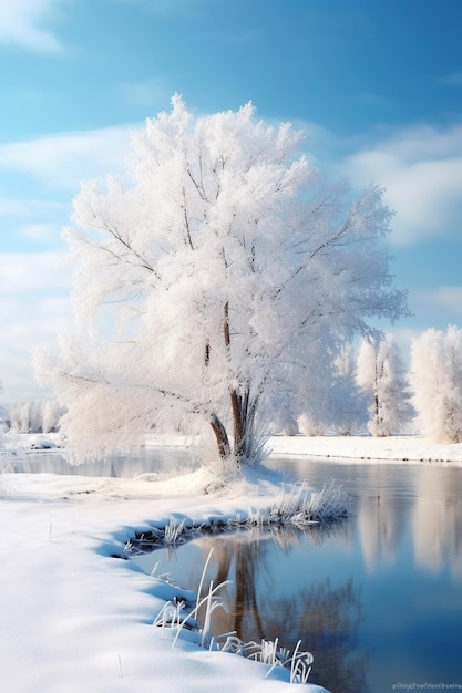 un albero ghiacciato vicino a un lago in inverno