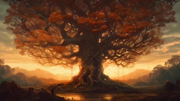 Un albero gigante che blocca l'illustrazione dell'arte digitale del sole