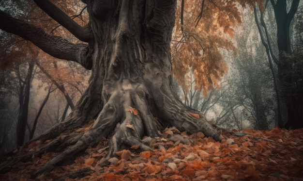 Un albero in autunno con foglie su di esso