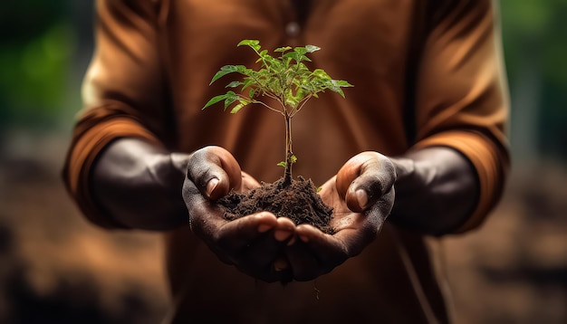 un albero in crescita nelle mani di un uomo africano