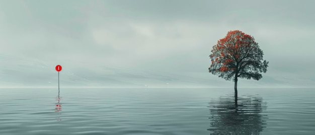 Un albero in mezzo all'acqua d'inondazione