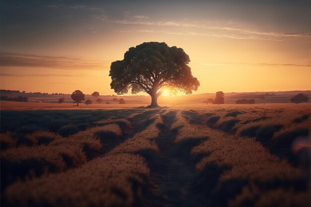 Un albero in un campo al tramonto