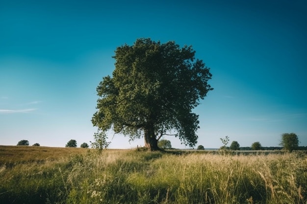 Un albero in un campo con il cielo sullo sfondo