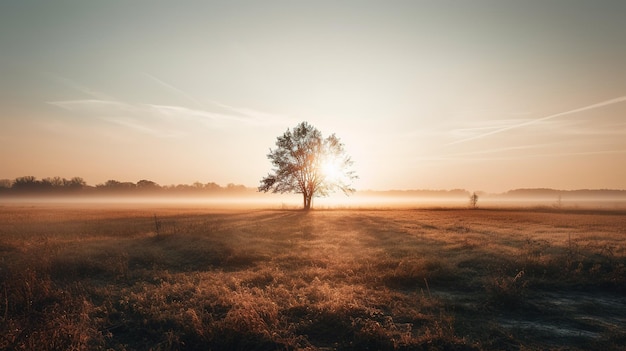 Un albero in un campo con il sole che splende attraverso la nebbia