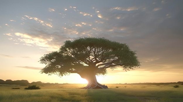 Un albero in un campo con il sole che splende attraverso le nuvole