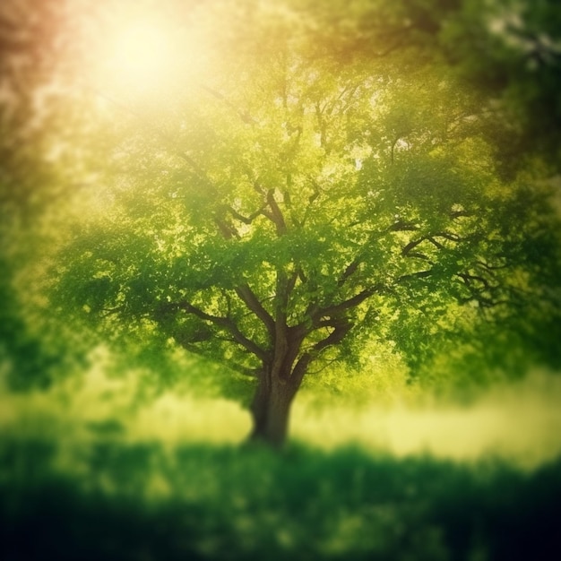 Un albero in un campo con il sole che splende su di esso