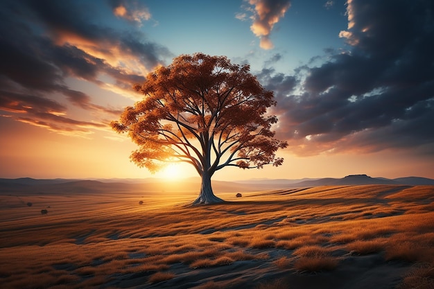 Un albero in un campo con il sole che tramonta dietro di esso.