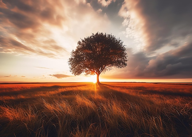 Un albero in un campo con il sole che tramonta dietro di esso