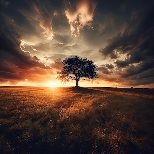 Un albero in un campo con il sole che tramonta dietro di esso