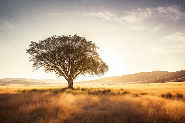 Un albero in un campo con il sole che tramonta dietro di esso