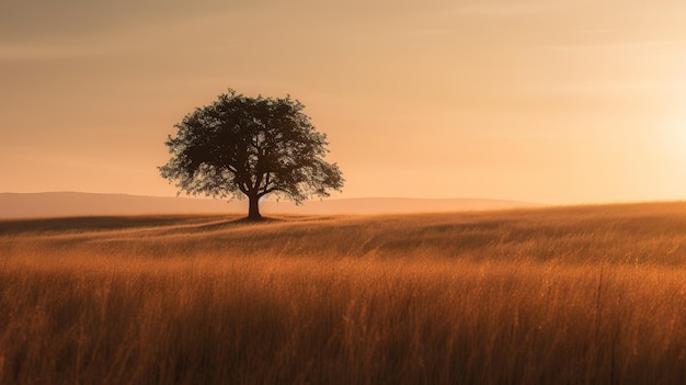 Un albero in un campo con il sole che tramonta dietro di esso