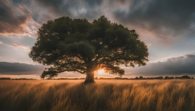 un albero in un campo con il sole che tramonta dietro di esso