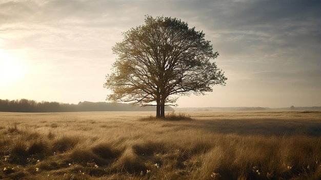 Un albero in un campo con il sole che tramonta