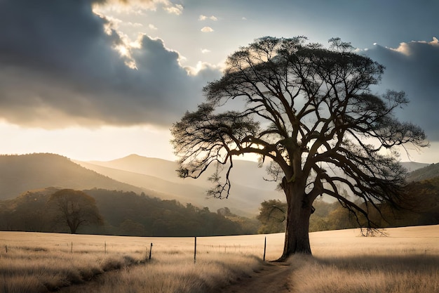 Un albero in un campo con le montagne sullo sfondo