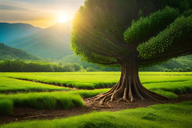 Un albero in un campo con le montagne sullo sfondo