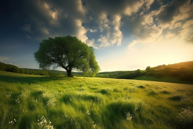 Un albero in un campo con nuvole e un cielo blu