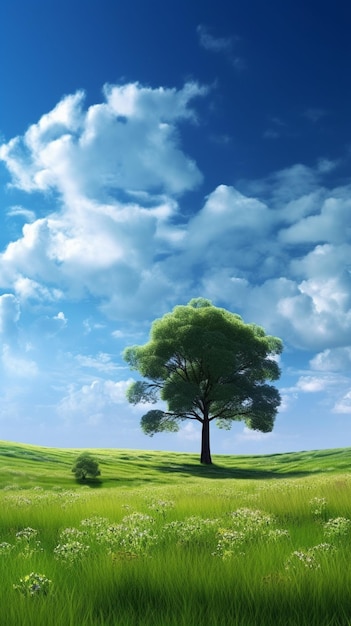 Un albero in un campo con nuvole sullo sfondo