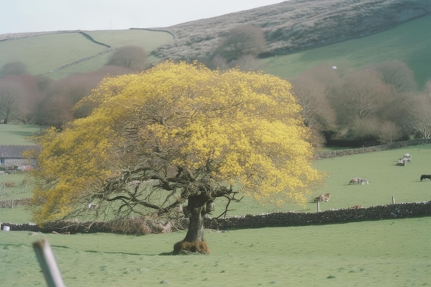 Un albero in un campo con pecore sullo sfondo