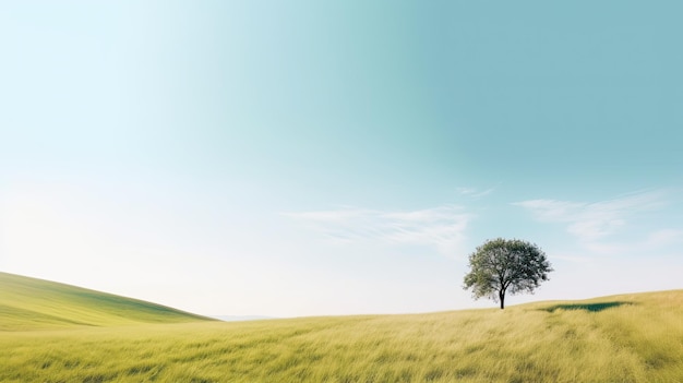 Un albero in un campo con un cielo blu sullo sfondo