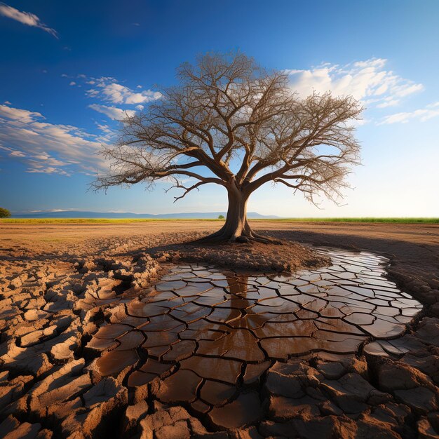 un albero in un campo con un cielo e nuvole