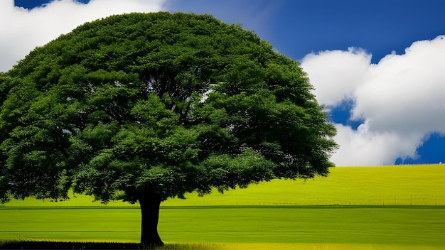 Un albero in un campo con un cielo nuvoloso