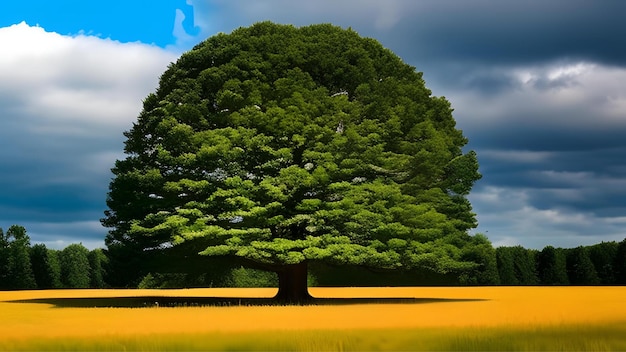 Un albero in un campo con un cielo nuvoloso