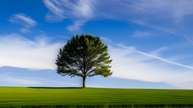 Un albero in un campo con un cielo nuvoloso