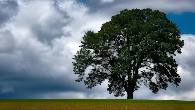 Un albero in un campo con un cielo nuvoloso