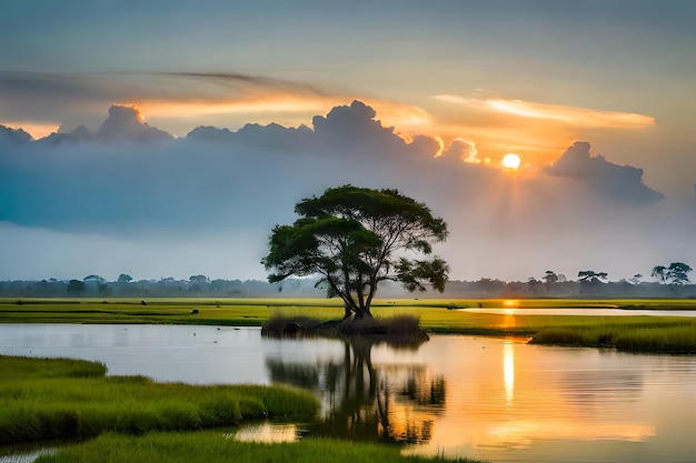 un albero in un campo con un tramonto sullo sfondo