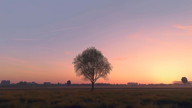 Un albero in un campo con un tramonto sullo sfondo