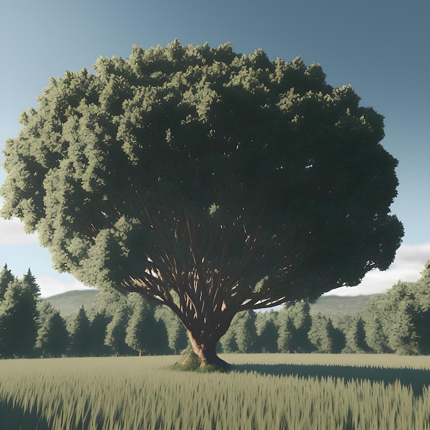 Un albero in un campo con una montagna sullo sfondo