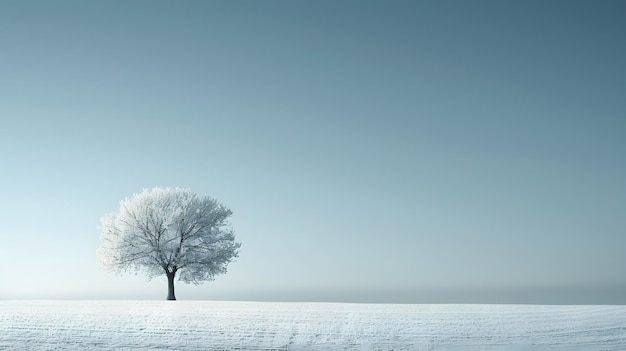 un albero in un campo con uno sfondo innevato