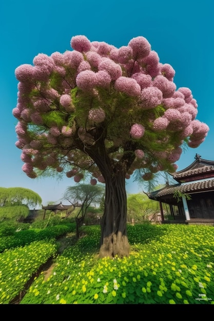 Un albero in un campo di fiori con un albero rosa in primo piano.