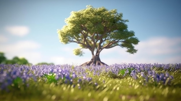 Un albero in un campo di fiori con un cielo blu sullo sfondo.