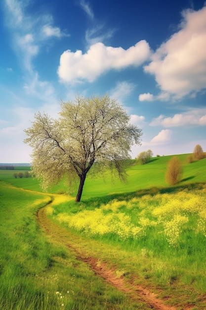 Un albero in un campo di fiori gialli