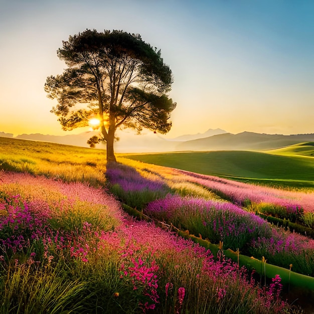 Un albero in un campo di fiori viola al tramonto