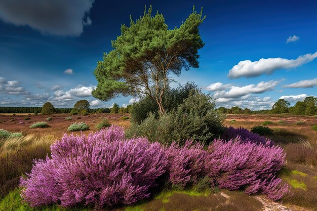 Un albero in un campo di fiori viola