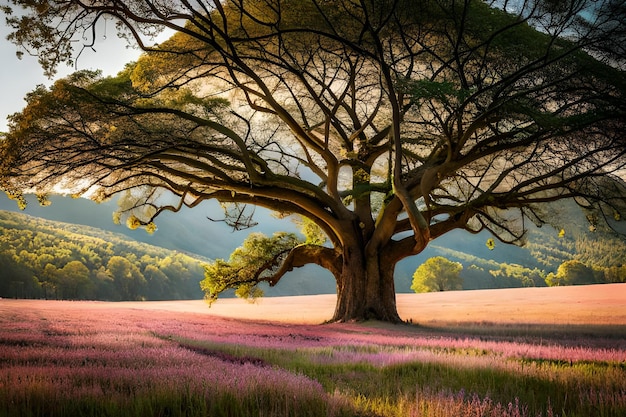 Un albero in un campo di lavanda