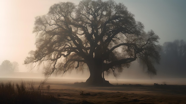 Un albero in un campo nebbioso con un albero in primo piano