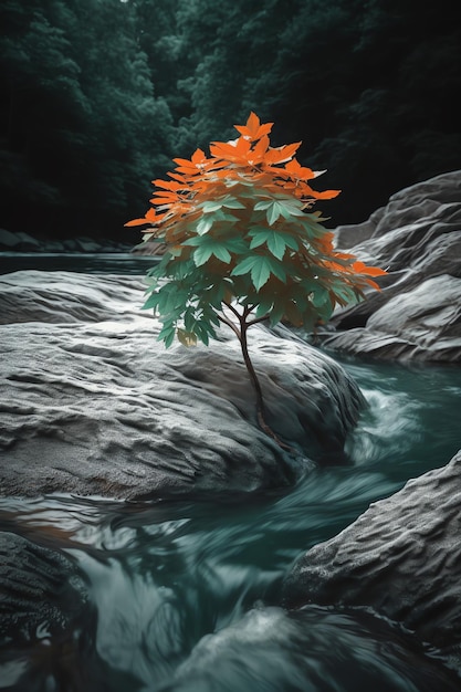 Un albero in un paesaggio buio con un fiume nel mezzo.