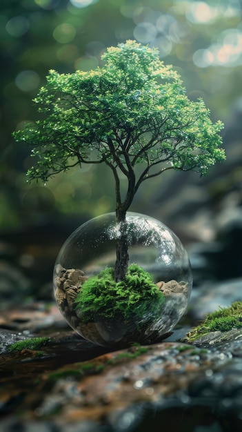 un albero in una sfera d'acqua