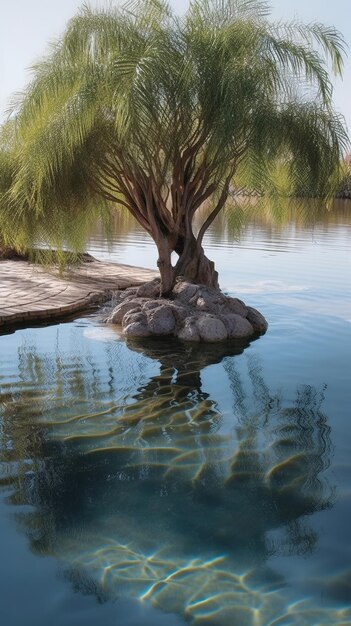 Un albero in uno stagno con l'acqua che riflette il cielo.