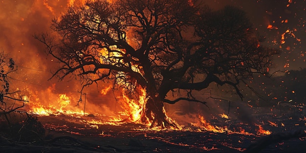 Un albero inghiottito dall'inferno Città minacciata da un incendio selvaggio che rappresenta un pericolo per i veicoli e gli occupanti Un incendio letale