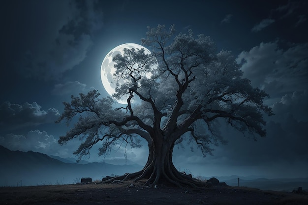Un albero inquietante contro una grande luna