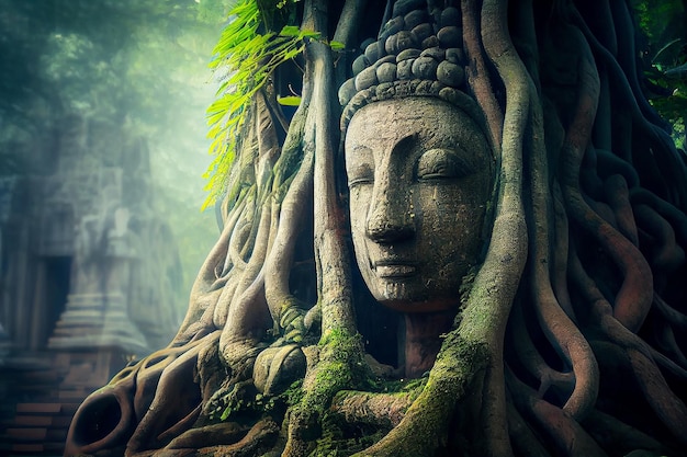 Un albero intrecciato con viti e il volto dell'antico dio della cultura Maya