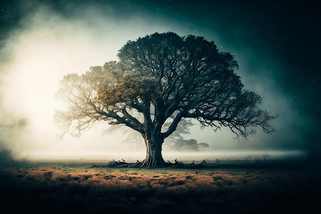 Un albero maestoso in piedi da solo in un campo nebbioso i cui rami si protendono verso il cielo