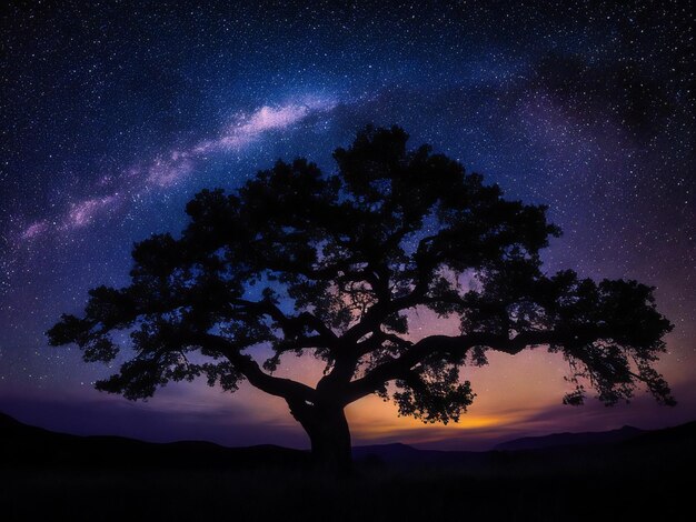 un albero maestoso in silhouette sullo sfondo del vasto cielo notturno pieno di stelle