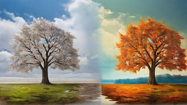 Un albero maestoso si erge alto i suoi rami che raggiungono il cielo con due stagioni scene di confronto